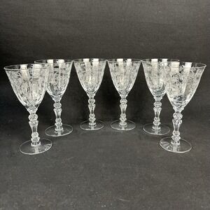 Fostoria 'Chintz' 5-1/2" Etched Crystal Claret Wine Goblets, Vintage, Set of 6
